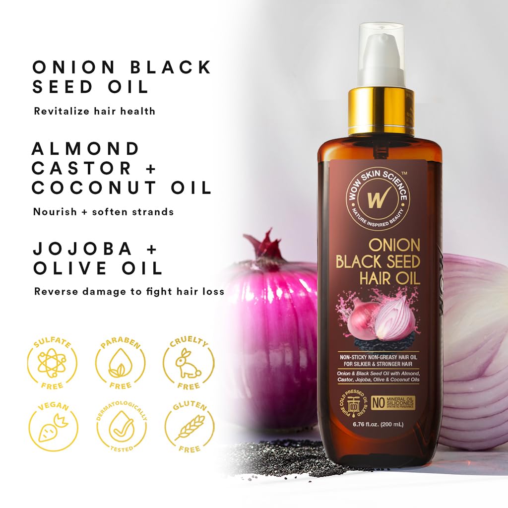 WOW Skin Science Onion Black Seed Hair Oil - Nourishing Treatment for Dry, Damaged Hair Growth with Almond, Castor, Olive, Coconut & Jojoba Oils