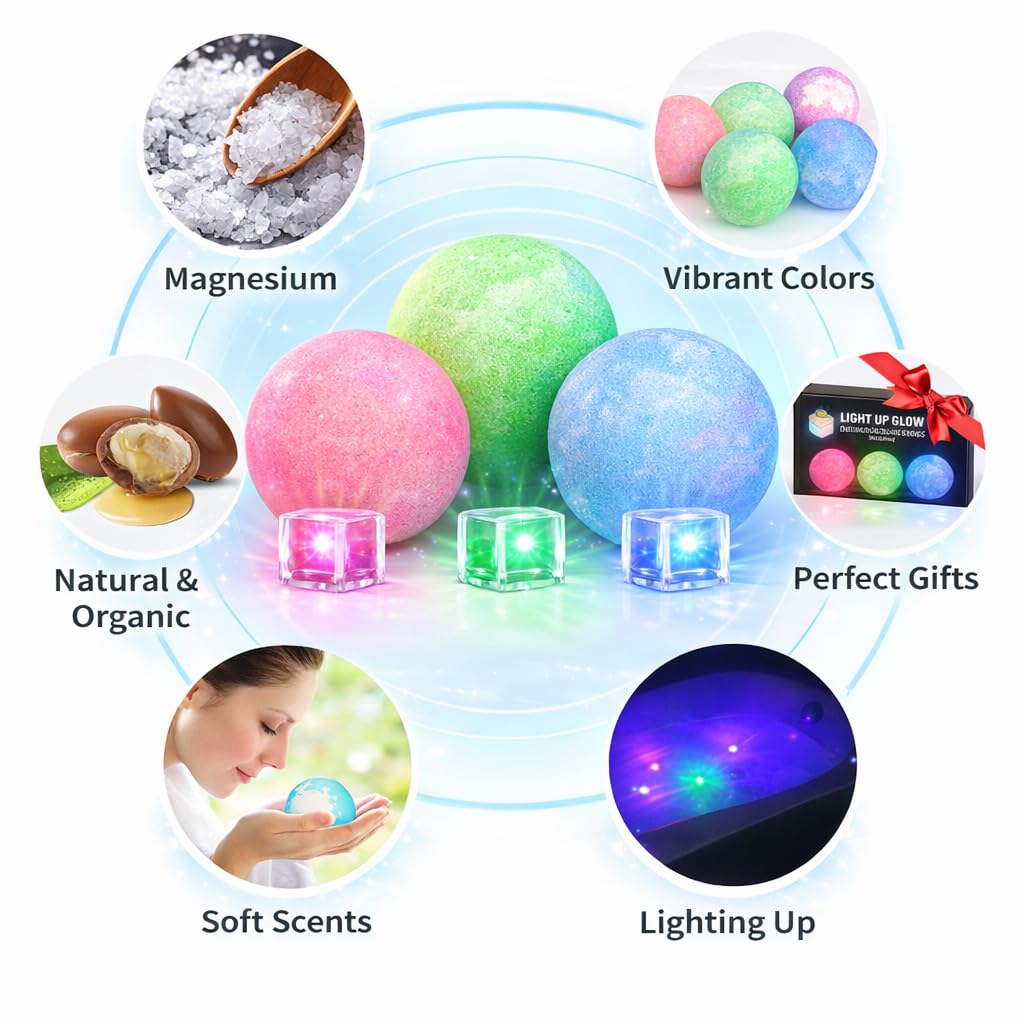 Light Up Glow Bath Bombs with Surprise Inside - Large 3-Pack Gift Set with Essential Oils & Relaxing, Skin-Moisturizing Spa Gifts for Women Beauty and Personal Care Biblebanz