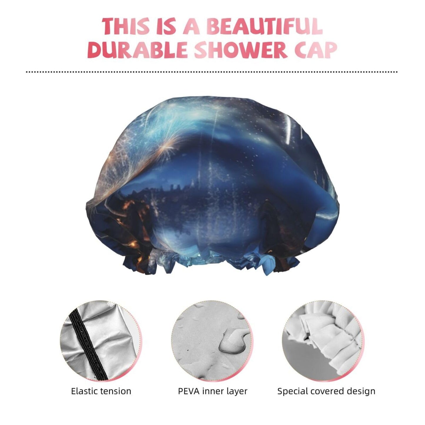 New Year Pyrotechnics Shower Cap For Women Reusable Double Layers Bathing Bath Cap Hair Caps Waterproof Elastic Band Ladies Spa Salon Shower Hat Hair Beauty and Personal Care GDSHJKLW