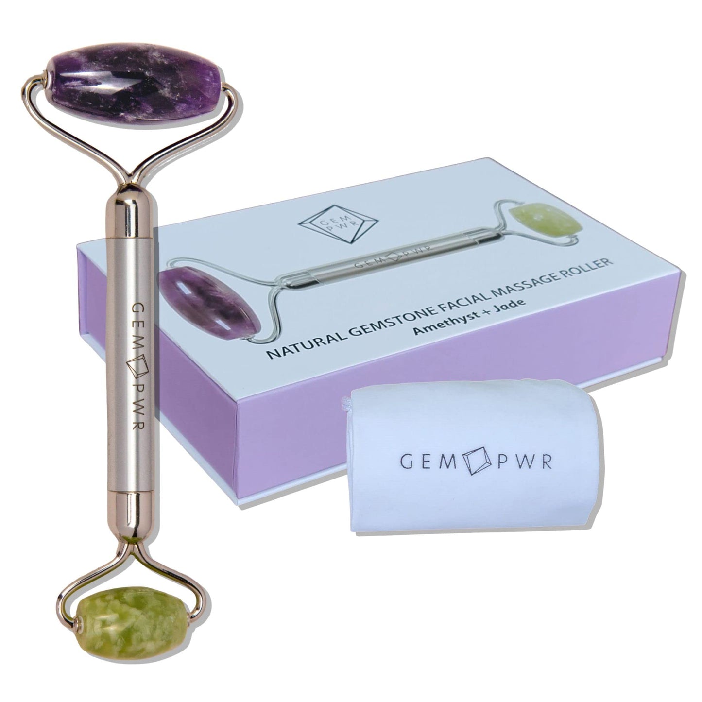 GEM PWR Amethyst + Jade Roller for Face and Neck Massage, Dual Gemstones with Durable Steel Handle and Travel Bag. Minimize Wrinkles, Reduce Puffiness Beauty & Personal Care GEM PWR