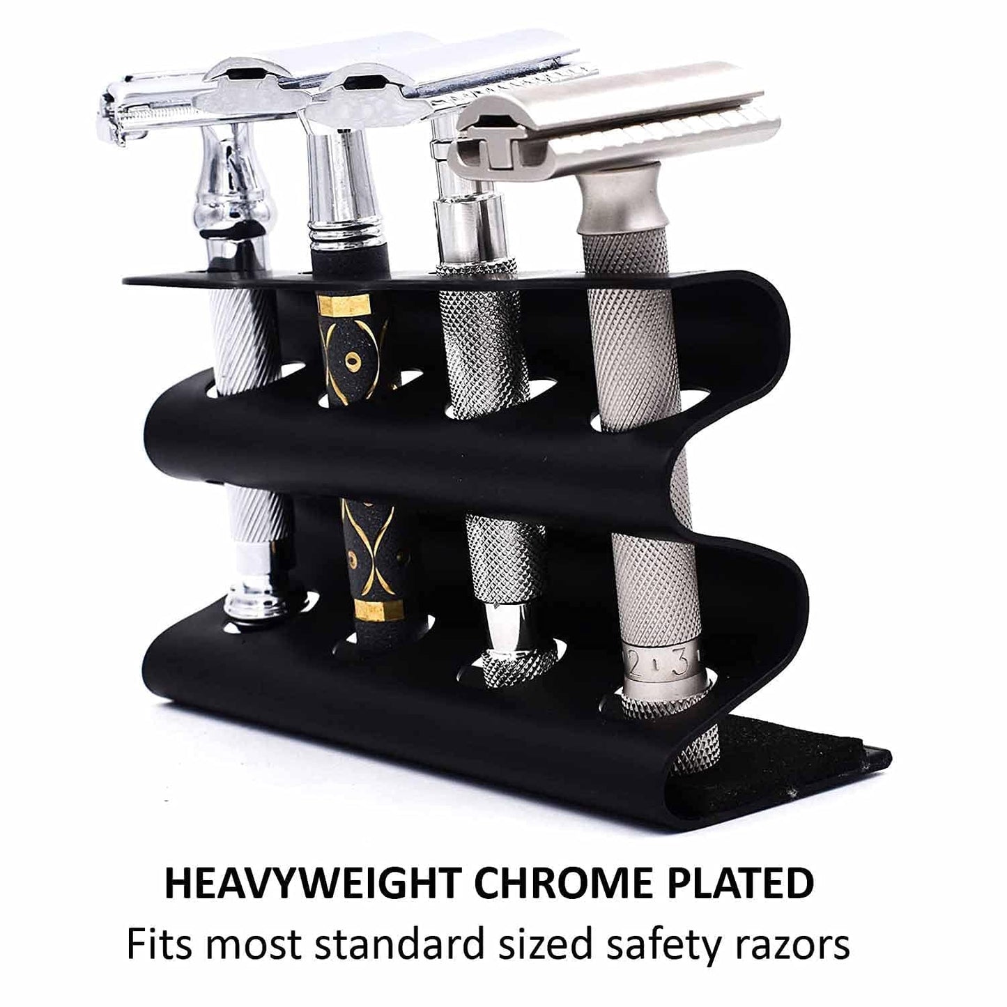 Parker Double Edge Razor Stand - Solid Brass with Black Finish -Holds 4 Razors - Parker Stand with Padded Base - Excellent Storage for Long Handled Beauty and Personal Care Parker Safety Razor