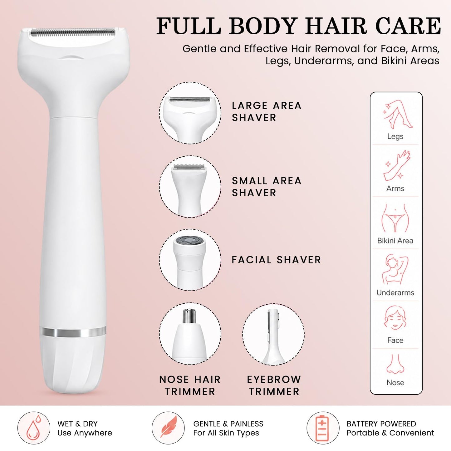Electric Razors for Women, Bikini Trimmer for Women 5 in 1 Body Shaver for Nose Hair Face Eyebrow Arms Legs Armpit Underarm Pubic Area, Replaceable Beauty and Personal Care Infinity Choices