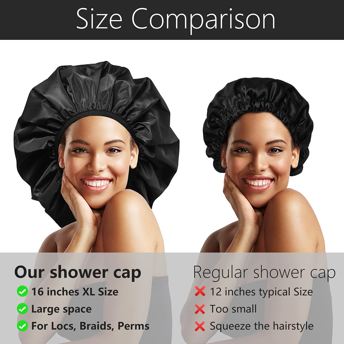 Auban Extra Large Shower Cap, Double-Layer Waterproof Reusable, XL Satin Lining Shower Bonnet for Women Thick, Long Hair, Locs, Braids(Black) Beauty & Personal Care Auban