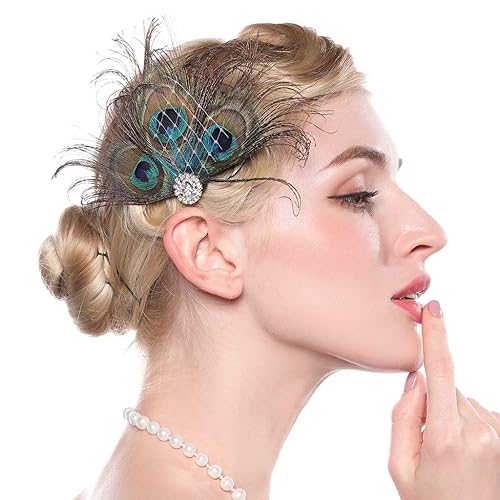 Aimimier 1920s Flapper Peacock Feather Hair Clip Crystal Hair Piece Vintage Roaring 20s Prom Party Festival Hair Accessories for Women Beauty & Personal Care Aimimier