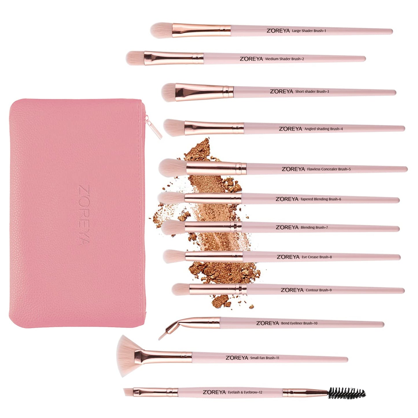 Z'OREYA Eye Makeup Brushes, 12 Pcs Professional Eye Brush Set Eyeshadow, Eyebrow, Blending, Fan, Eyelash Brushes Set With Carrying Bag (Pink) Beauty & Personal Care Z'OREYA