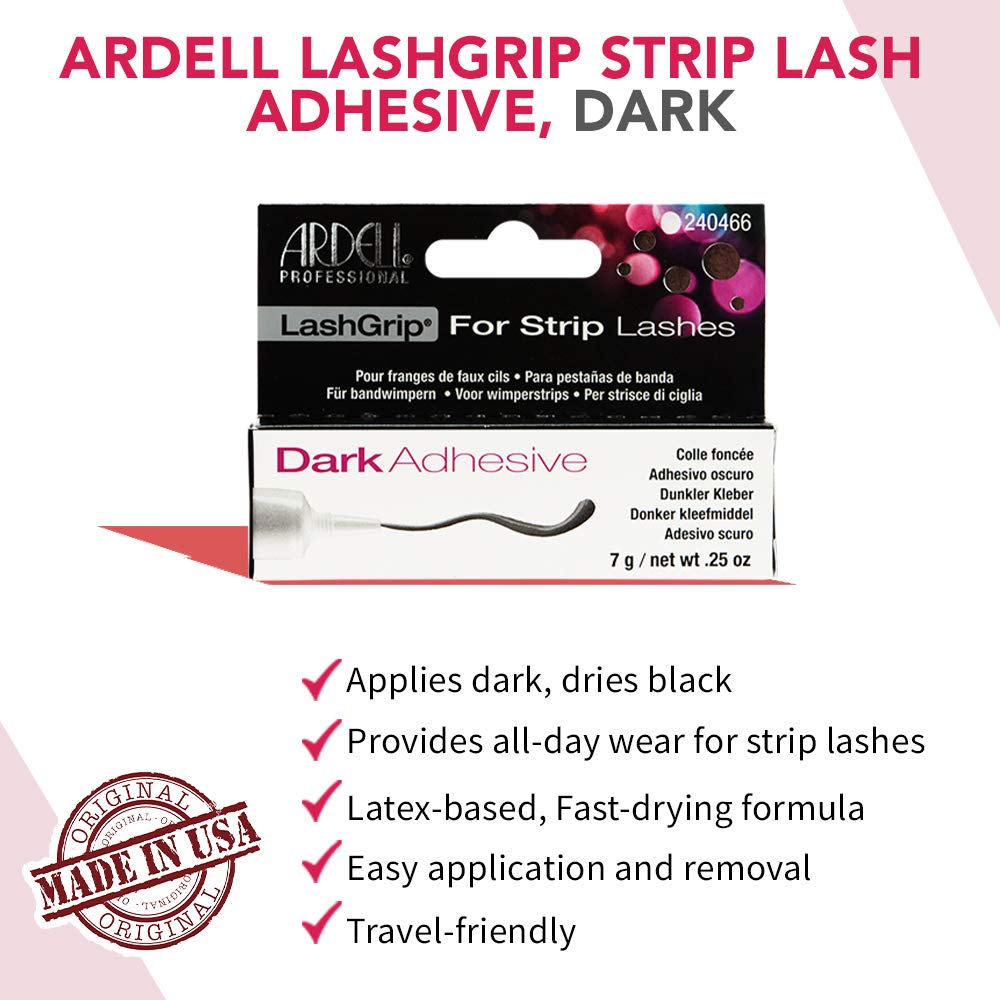 Ardell Lashgrip Lash Adhesive for Strip Lashes and Lash Clusters - Dark Tone, Waterproof, Easy Application, Long-Lasting Hold Lash Glue, 7g/0.25oz