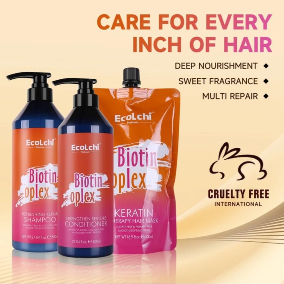 Ecolchi Biotin Oplex Hair Care Set with Shampoo, Conditioner, Hair Mask - Amino Acids Plus Keratin Treatment - Repair Heat Damage, Frizz Beauty & Personal Care ECOLCHIPRO