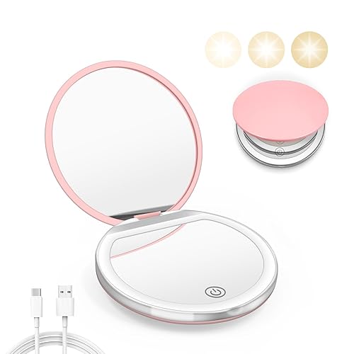 Kakuje Compact Mirror with Light, 1X/3X Magnification LED Pocket Mirror with USB Data Cable,Mini Mirror for Purse, Pocket,Travel and Present (Pink) Beauty & Personal Care Kakuje