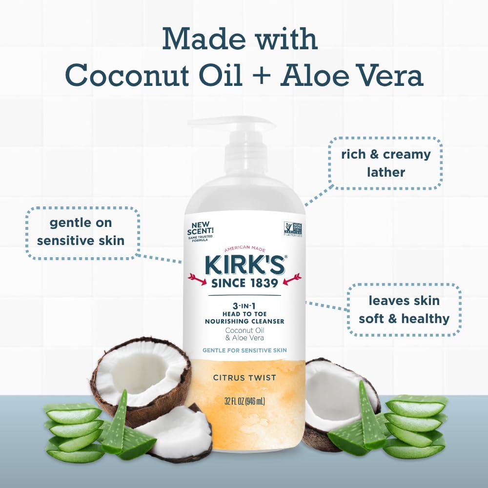 Kirk's 3-in-1 Head to Toe Nourishing Liquid Cleanser- for Men, Women & Children - Premium Coconut Oil & Aloe Vera- Non GMO & Vegan - Citrus Twist - 32 Beauty & Personal Care Kirk's