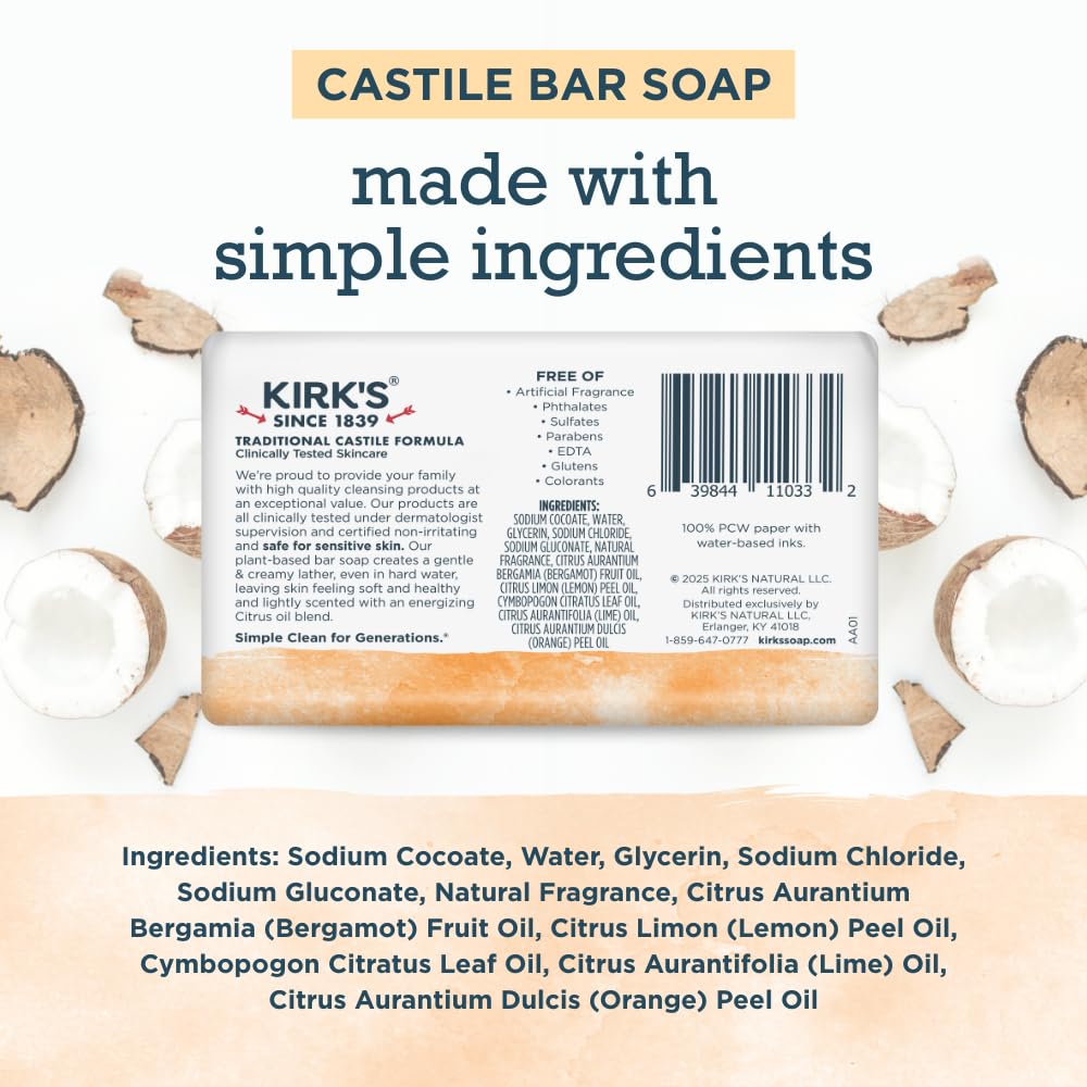 Kirk's Castile Bar Soap, Citrus Twist - Clinically Tested, Safe for Sensitive Skin with Coconut Oil, Vegan and Non-GMO - 4 oz Bars, 6 Pack Beauty & Personal Care Kirk's