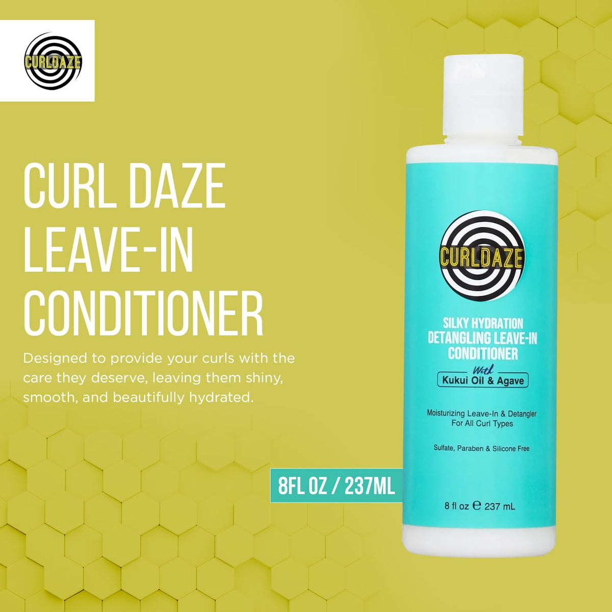 Curldaze Silky Hydration Detangling Leave-In Conditioner with Kukui Oil and Agave, Vitamin A, C, and E, Moisturizes, and Manages Hair, Minimizes