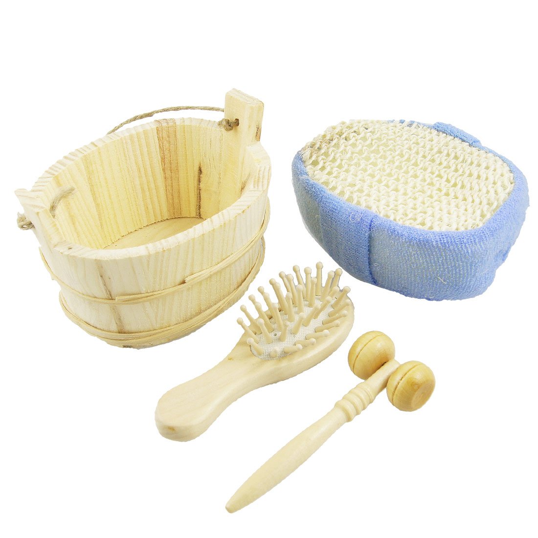 Ruilogod Wooden Bucket Blue Sponge Bath Scrubber Shower Puff Facial Cleaning Set (id: a42 c83 008 813 b71 Beauty and Personal Care Ruilogod