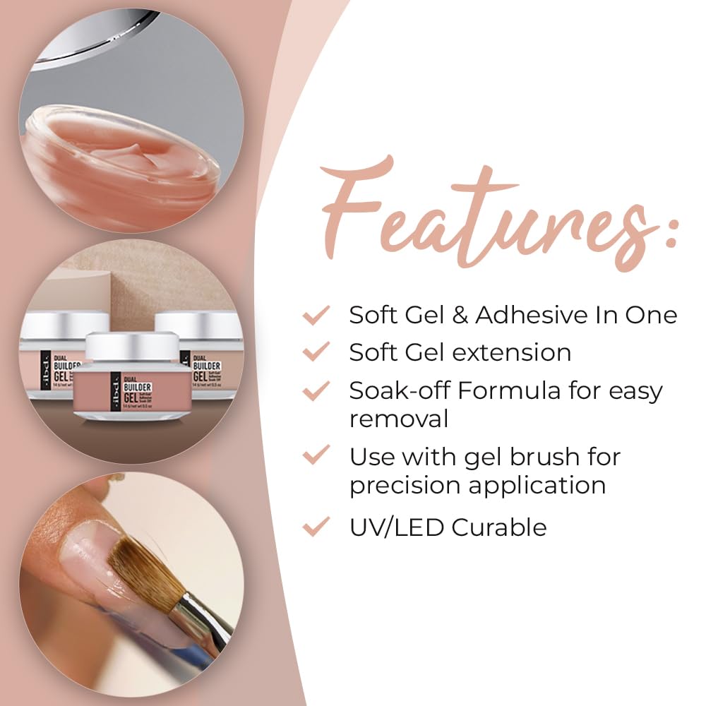 IBD Dual Builder Gel - Soft Gels and Adhesive Soak Off for Artificial Nail Extension, Professional Manicure Sculpting and Overlays, Warm Nude, 0.5 oz