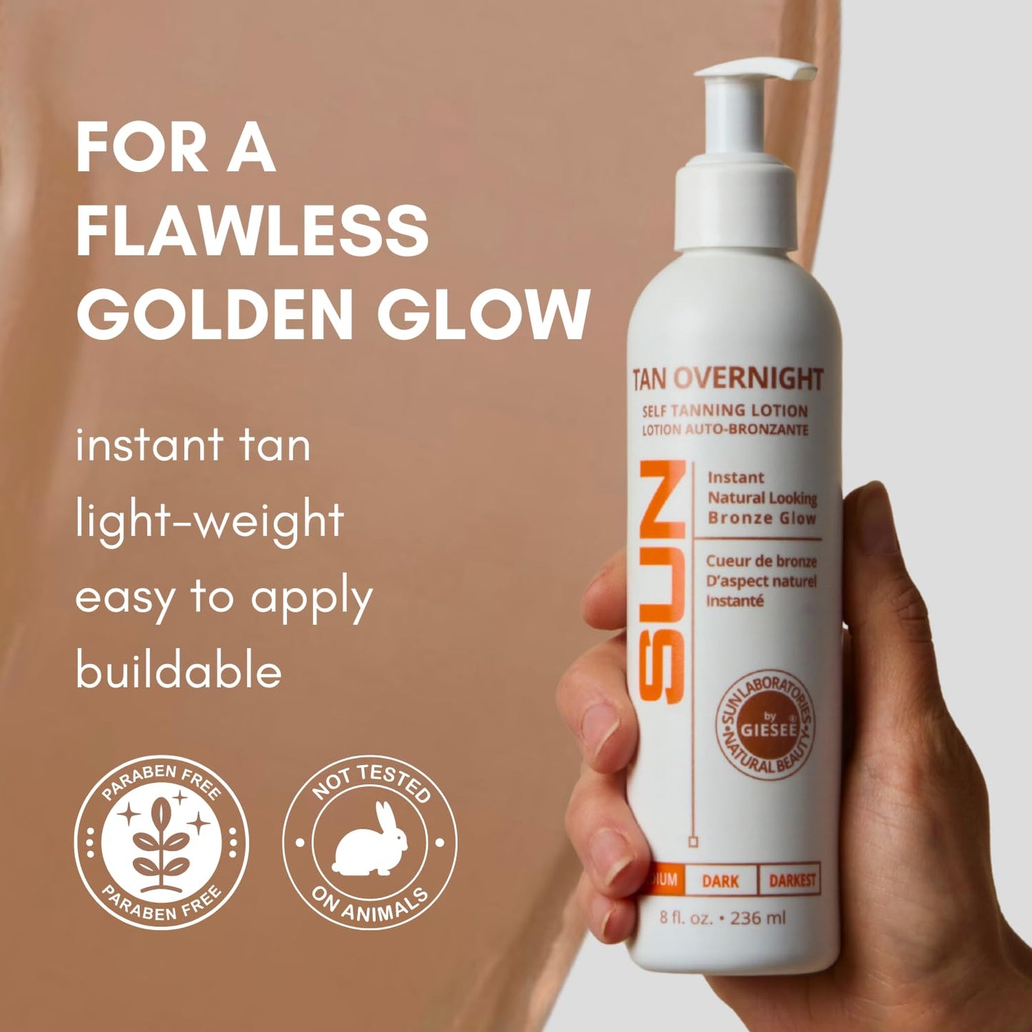 Tan Overnight Sunless Tanning Lotion 8 oz - Self Tanner, Self Tanning Lotion, Face Tanner - Natural, Long Lasting, Instant Dark Bronzer, Gradual Tan Beauty & Personal Care Sun Laboratories by Giesee