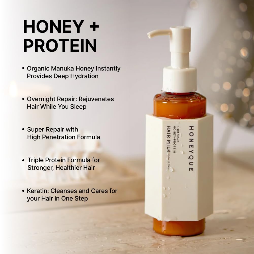 HONEYQUE Night Repair Honey + Protein 2-Way Hair Milk 150mL/5.07 fl. oz | Overnight Leave-In Treatment for Damaged, Frizzy Hair | Manuka Honey Beauty & Personal Care HONEYQUE