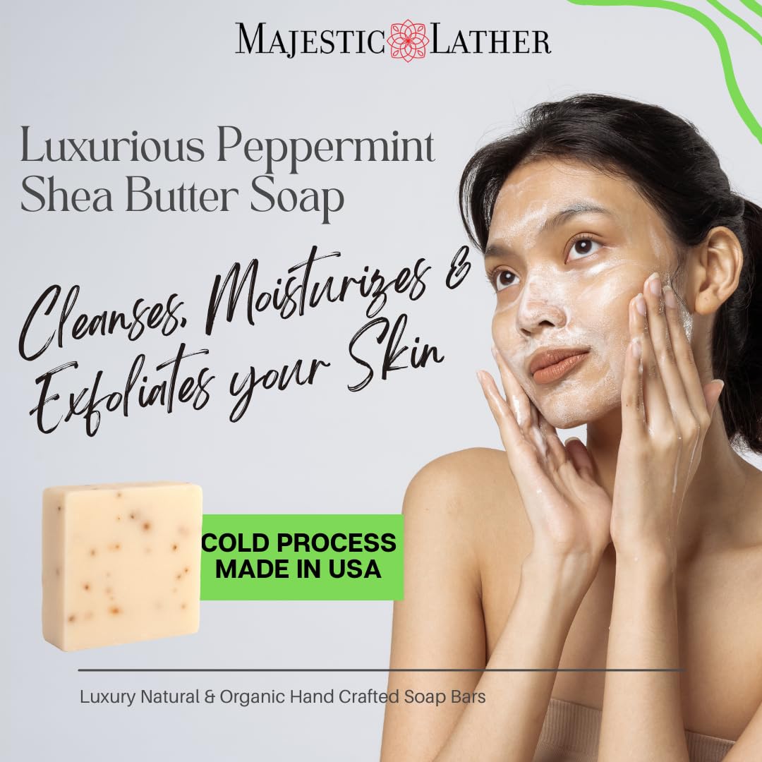Majestic Lather Peppermint Exfoliating Luxury Bar Soap. For Men & Women. Moisturize, Nourish and Exfoliate Delicate Areas. For All Skin Types. Made in Beauty & Personal Care Majestic Lather