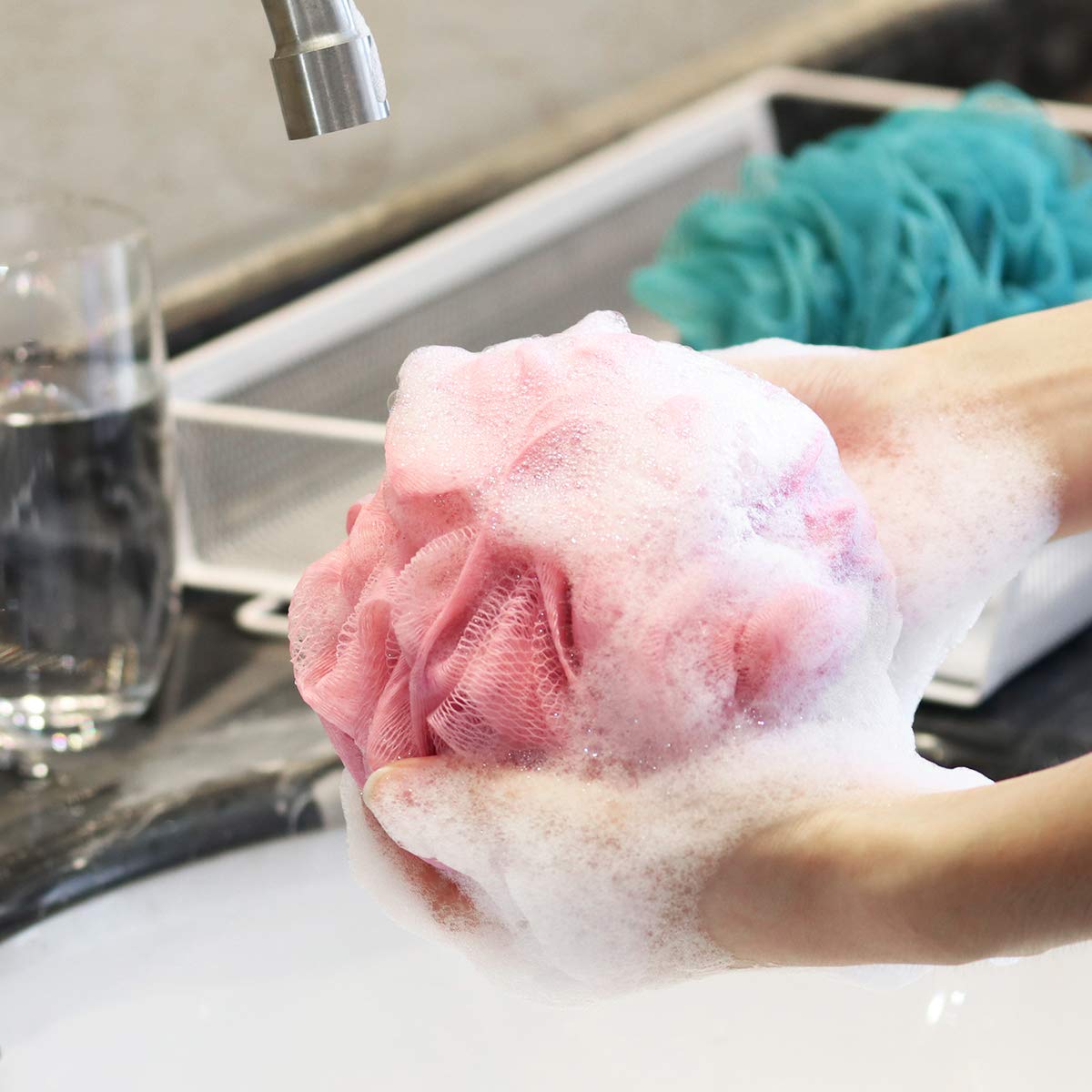Loofah Bath Shower Sponge Pouf, Mesh Pouf Shower Ball Mesh Bath Sponge Large Size (5 Pack) Beauty and Personal Care FRCOLOR