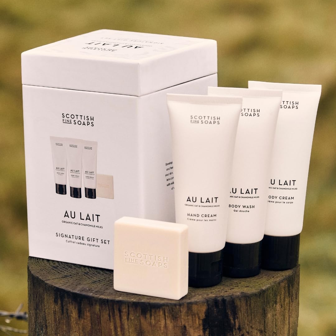 Scottish Fine Soaps Au Lait Luxury Gift Set, Body Wash, Body Cream, Hand Cream with Chocolate, Coconut, Sandalwood Fragrance, Vegan Beauty and Personal Care Scottish Fine Soaps