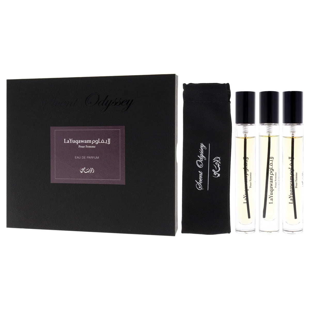 Rasasi Scent Odyssey La Yuqawam for Women | 3-Piece Mini Gift Set | Includes 0.25oz La Yuqawam Pour Femme EDP Spray, | 0.25oz Jasmine Wisp EDP Spray
