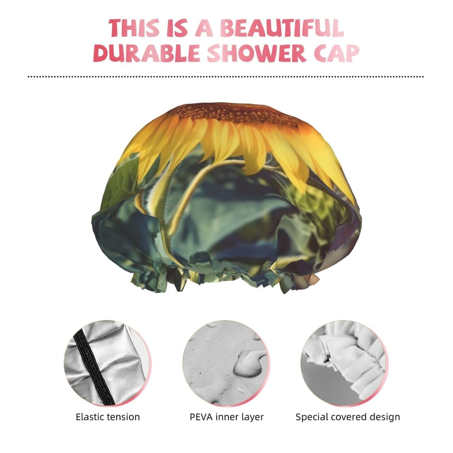 Beautiful sunflower Shower Cap for Women Men Large Reusable Shower Bonnet Double-Layer Waterproof Bath Caps Elastic Band Hair Hat for All Hairstyles Beauty and Personal Care BWLHJKE