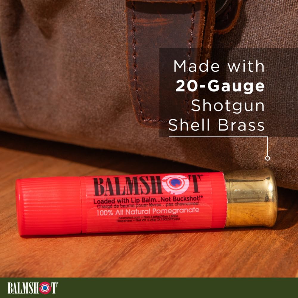 BALMSHOT Pomegranate Lip Balm SPF 15 - Natural Beeswax Chapstick, Moisturizing Lip Protector for Very Dry Lips, 20-Gauge Brass Shotgun Shell Case Beauty and Personal Care Balmshot