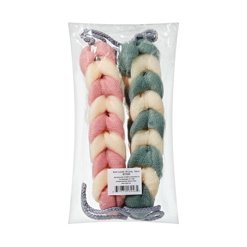 Éclat Long Stretch Back Loofah, Braided Mesh Shower Sponge with Rope Handles, Exfoliating Body Scrubber, Long Handle Bath Pouf for Deep Cleansing Beauty and Personal Care Éclat