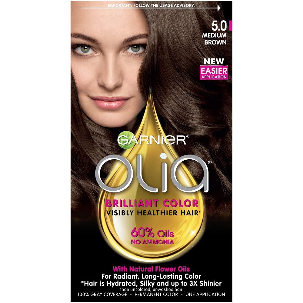 Garnier Olia Ammonia Free Permanent Hair Color, 100% Gray Coverage (Packaging May Vary), 5.0 Medium Brown Hair Dye, Pack of 1 Beauty & Personal Care Garnier