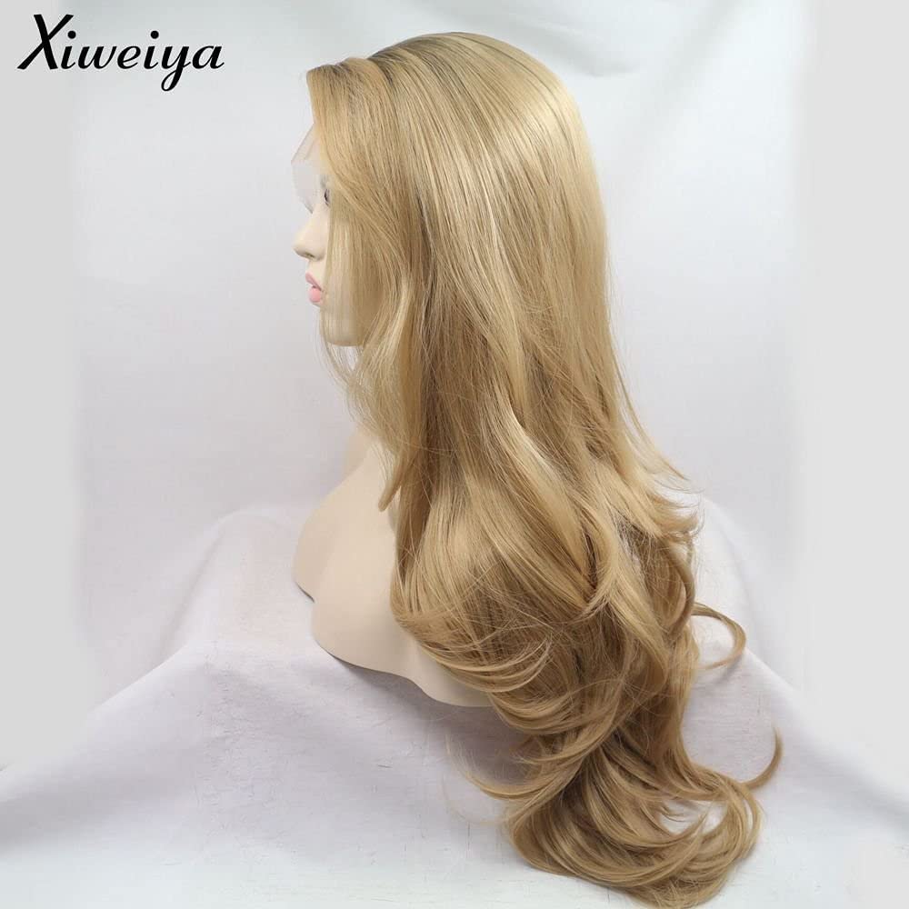 xiweiya Long Natural Wave Ombre Brown Blonde Synthetic Lace Front Wigs with Brown Roots 2 Tones Side Part Wig Heat Resistant Fiber Hair Wigs For Women