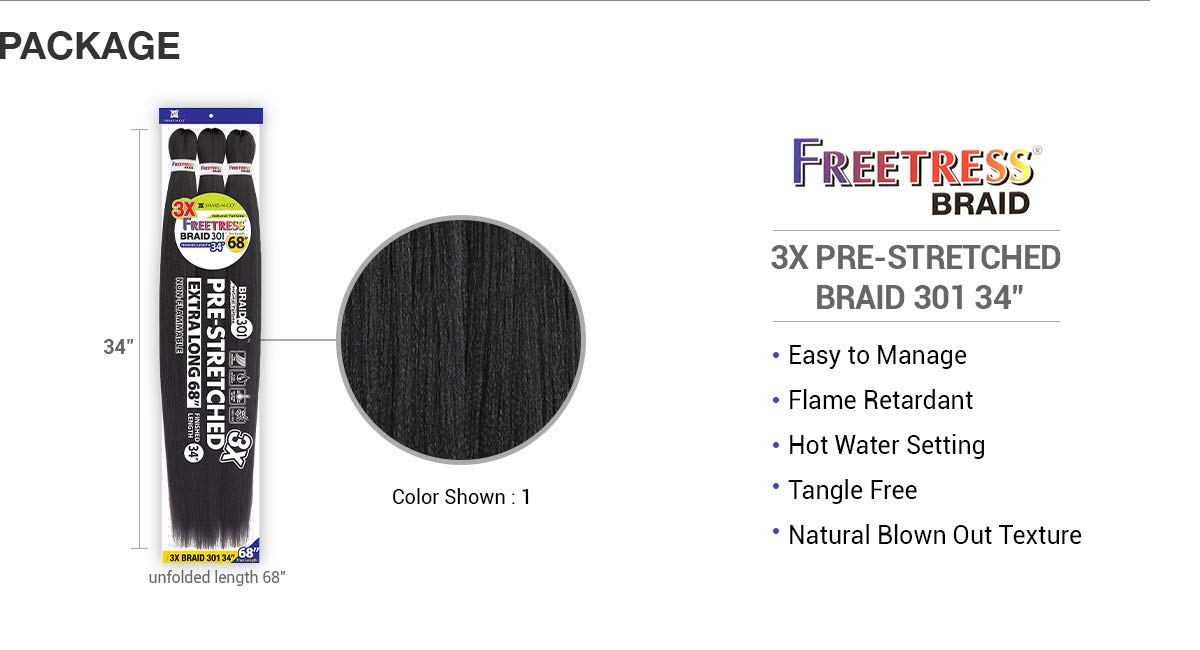 FreeTress Natural Texture Braids 3X Pre-Stretched Braid 301 34" (1-pack, 613)