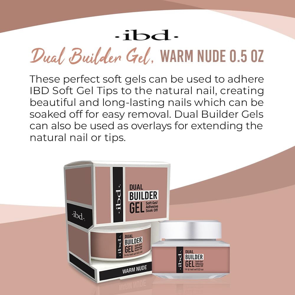 IBD Dual Builder Gel - Soft Gels and Adhesive Soak Off for Artificial Nail Extension, Professional Manicure Sculpting and Overlays, Warm Nude, 0.5 oz