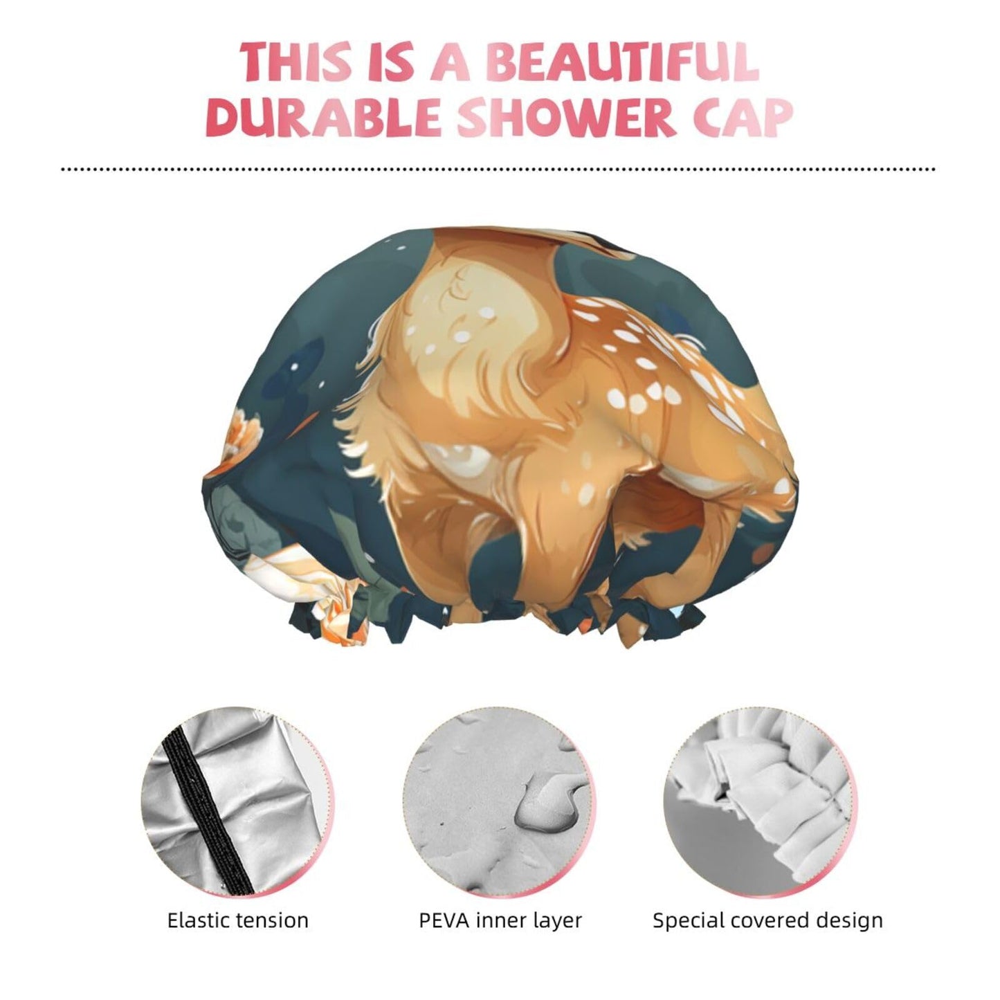 Cartoon Deer Flower Shower Cap For Women Reusable Double Layers Bathing Bath Cap Hair Caps Waterproof Elastic Band Ladies Spa Salon Shower Hat Hair Beauty and Personal Care GDSHJKLW
