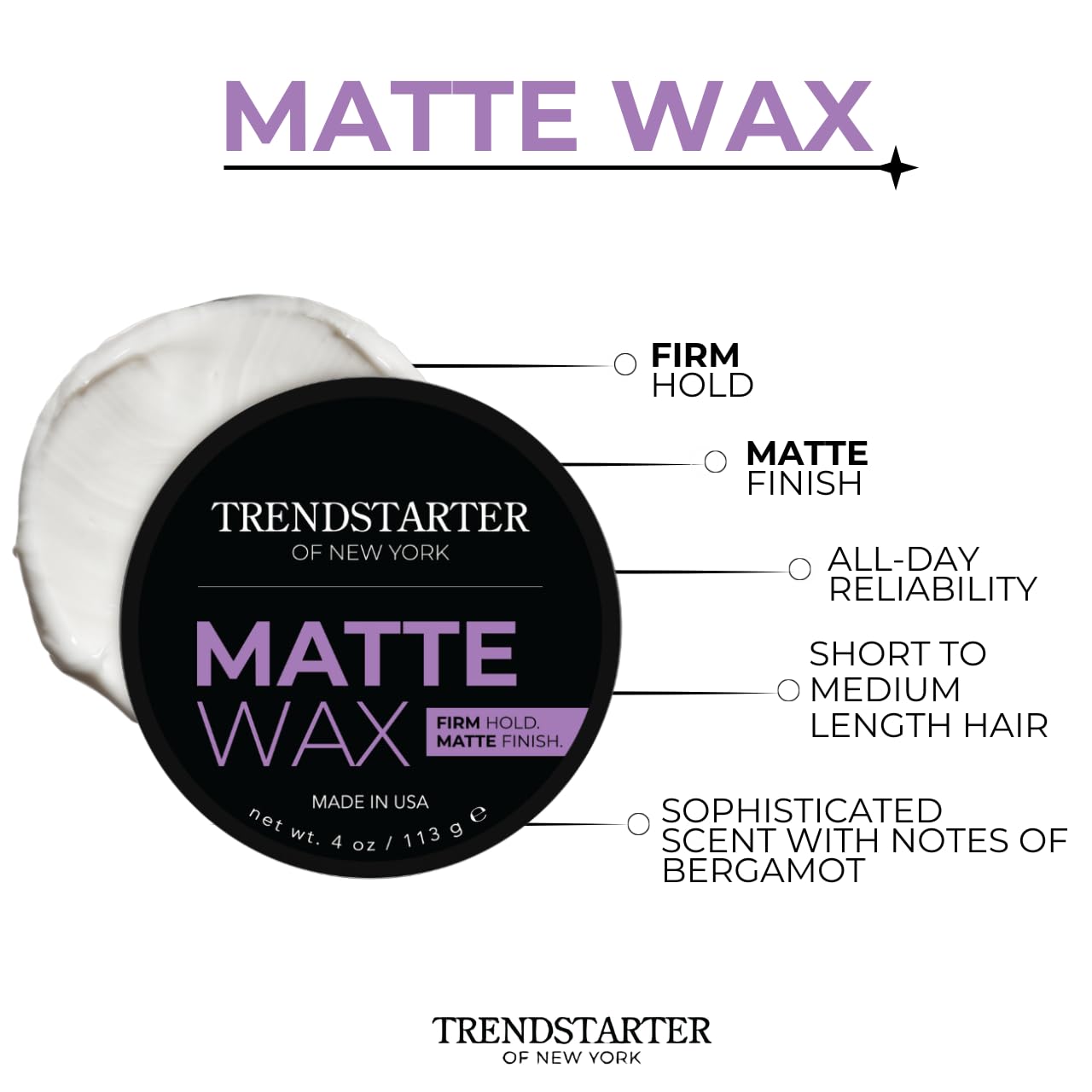 TRENDSTARTER - MATTE WAX (4oz) - Firm Hold - Matte Finish - Water Based All-Day Hold Hair Styling Pomade - Flake-Free Styling Wax for All Hair Types Beauty & Personal Care TRENDSTARTER