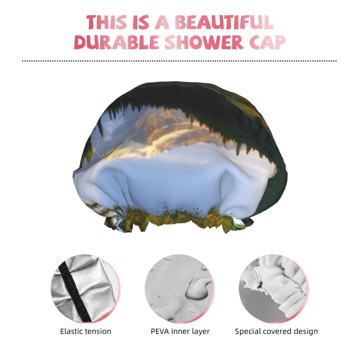 Mountain and Lake Pictures Shower Cap for Women Men Large Reusable Shower Bonnet Double-Layer Waterproof Bath Caps Elastic Band Hair Hat for All Beauty and Personal Care BWLHJKE