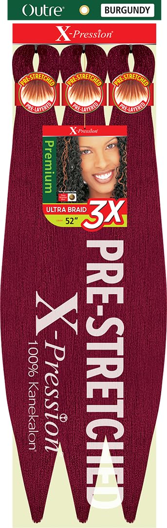 Outre X-Pression Braid - Pre Stretched Braid 52" 3X (5 Pack, BURGUNDY)