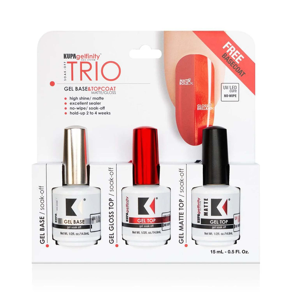 KUPA Gelfinity Base Coat & Glossy Top Coat & Matte Top Coat Trio Set, No-Wipe, Long-Lasting Soak-Off Formula, Chip-Resistant, UV/LED Gel Polish, 0.5