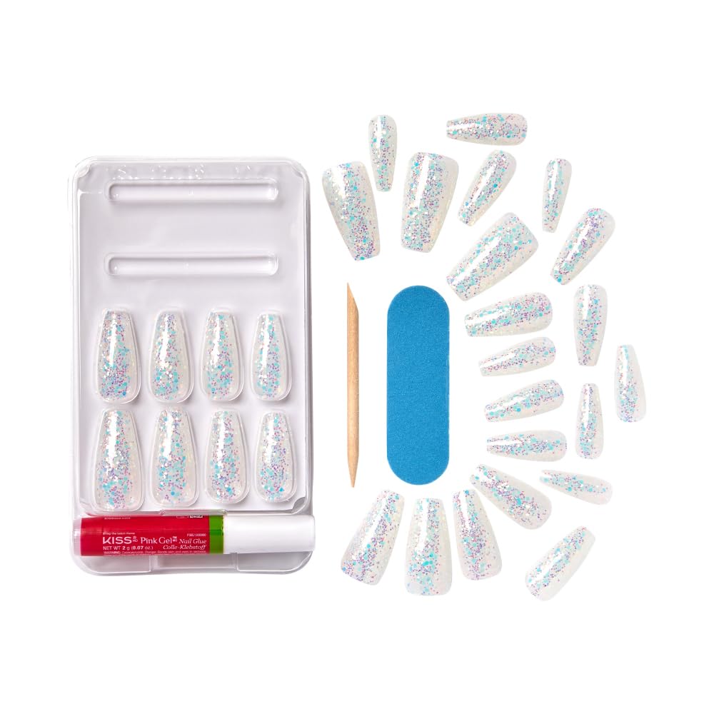 KISS False Nails Kit, Dreamdust Ready to Wear Gel Sculpted Nails, Stick and Glue Included, Long Length, Coffin Shape with White Glitter Effect