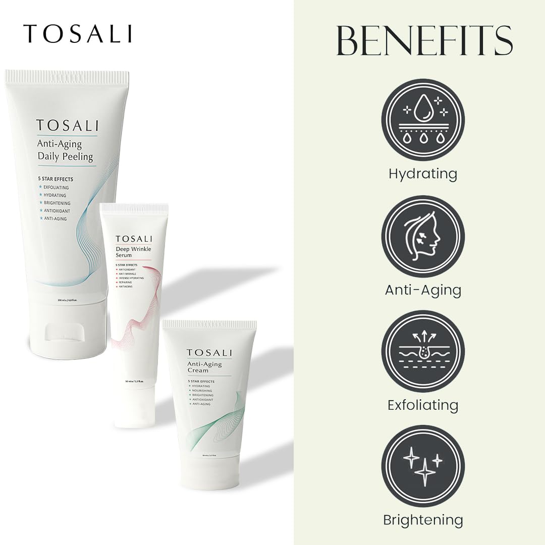 TOSALI Anti Aging Skincare Set - Daily Peeling Mask (6.8 oz), Deep Wrinkle Serum (1.7 fl oz) & Face Cream (1.7 oz) - Hydrating, Brightening, Wrinkle Beauty & Personal Care TOSALI