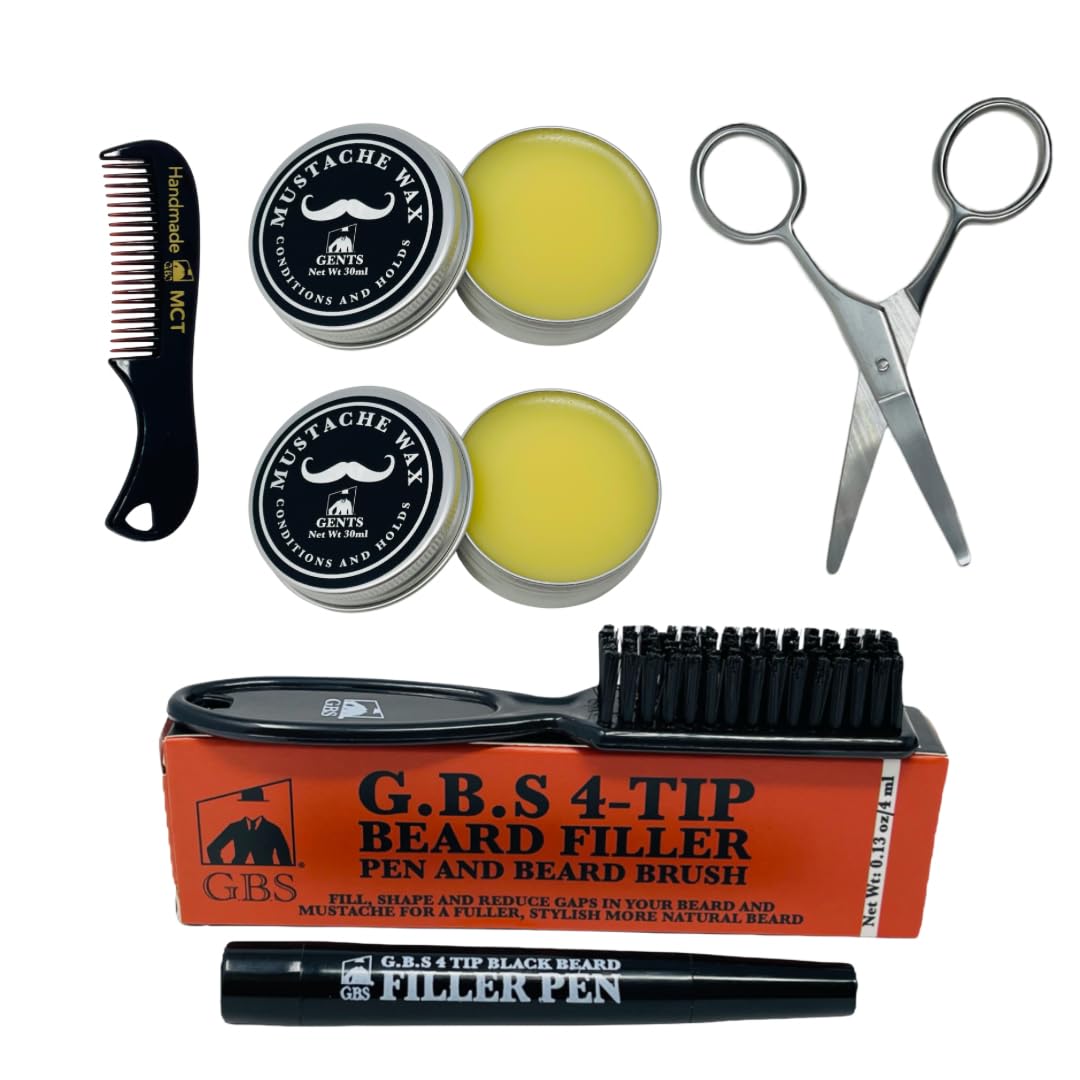 G.B.S Fragrance-Free Extra Strong Hold Mustache Wax, Black Beard Filler Pen, Handmade Pocket Mustache Comb & Precision Trimming Scissors - 3 Piece Set Beauty and Personal Care G.B.S