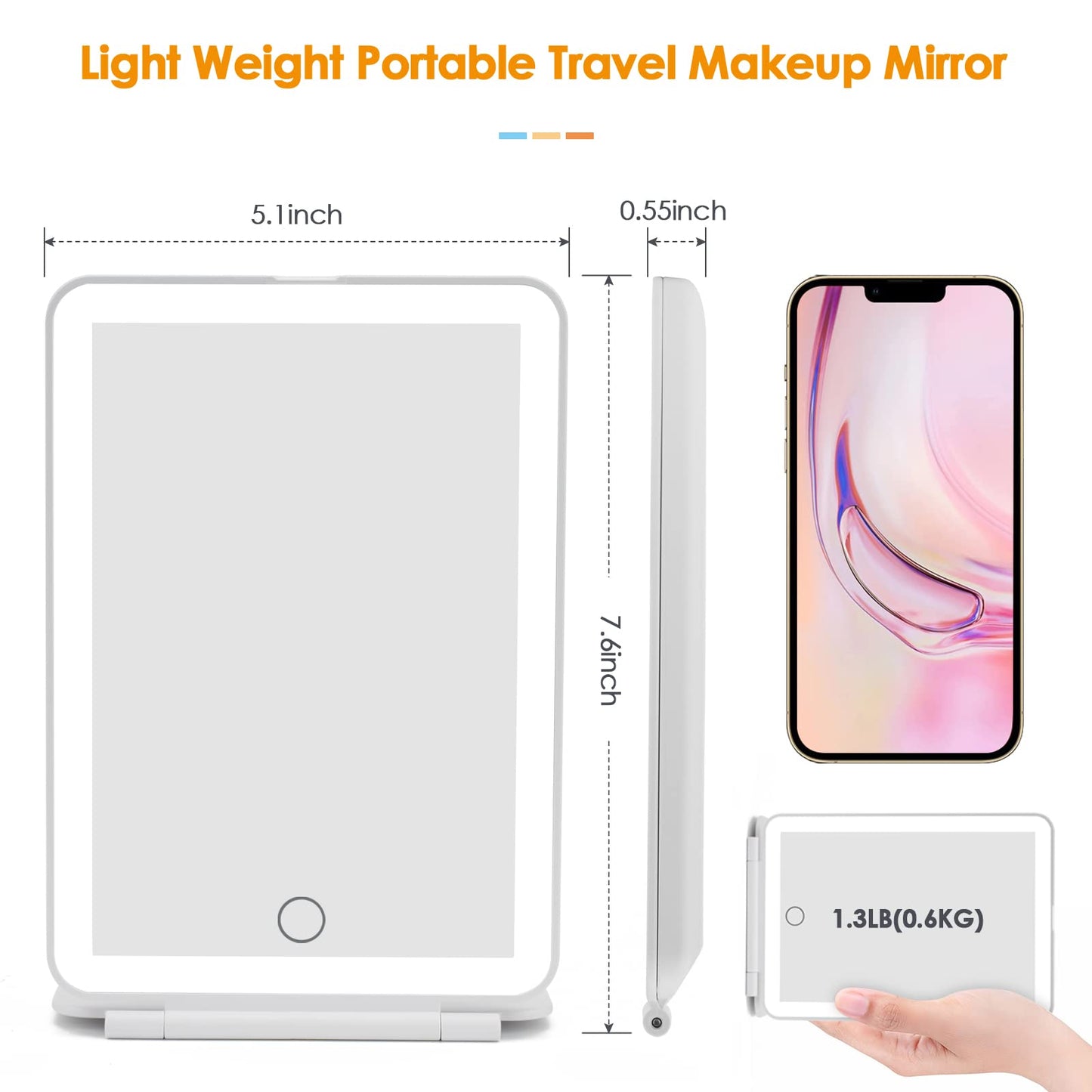 DenCert Rechargeable Travel Makeup Mirror 72 LED Lighted Compact Slim Vanity with Lights 3 Lighting Modes Dimmable Touch Screen (White),(DenCert) Beauty & Personal Care DenCert
