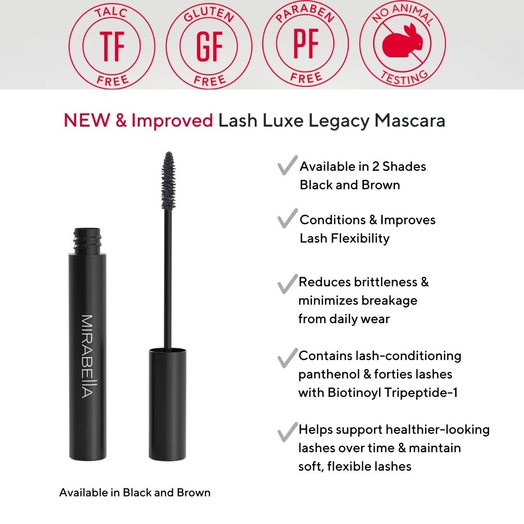 Mirabella Lash Luxe Legacy Mascara, Black, Lengthening & Volumizing Buildable Mascara, Clump-Resistant Formula, 8 mL / 0.27 fl oz