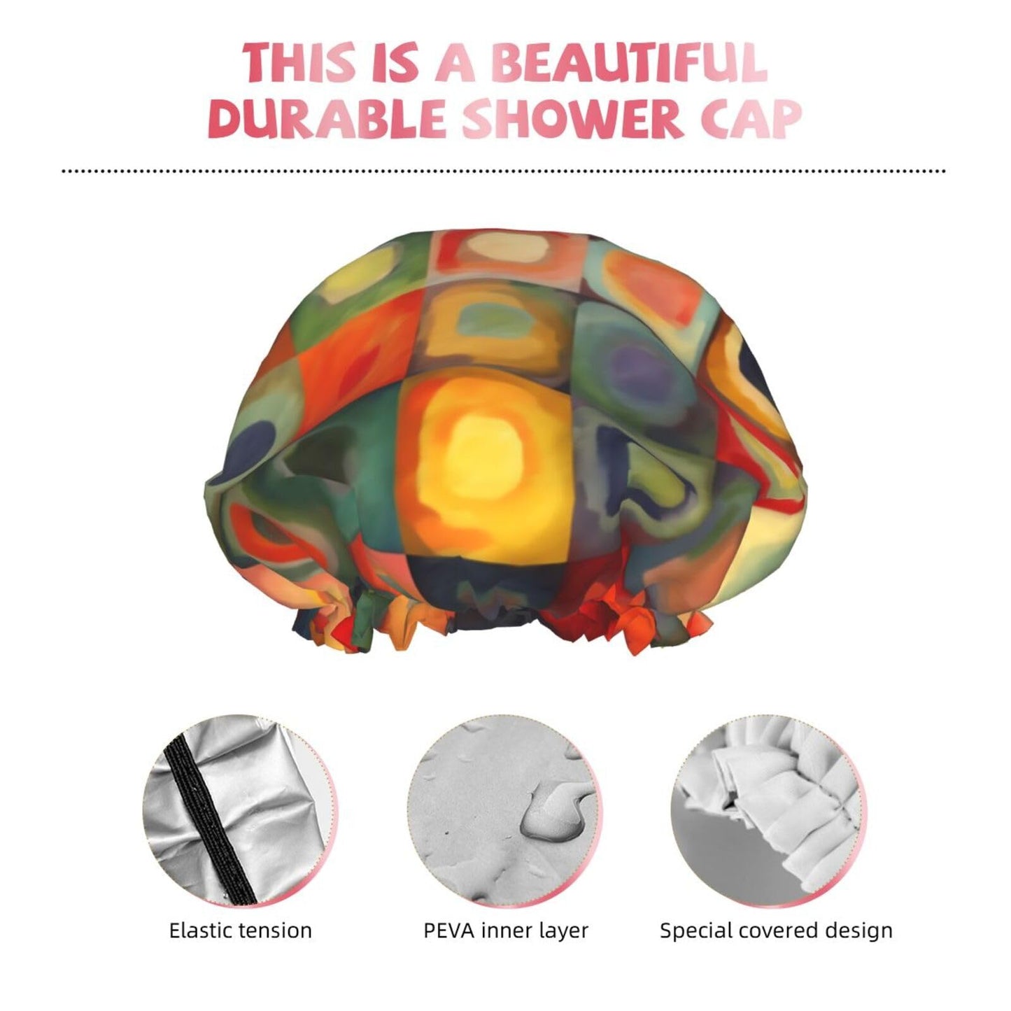 Abstract Art Squares Shower Cap for Women Men Large Reusable Shower Bonnet Double-Layer Waterproof Bath Caps Elastic Band Hair Hat for All Hairstyles Beauty and Personal Care BWLHJKE