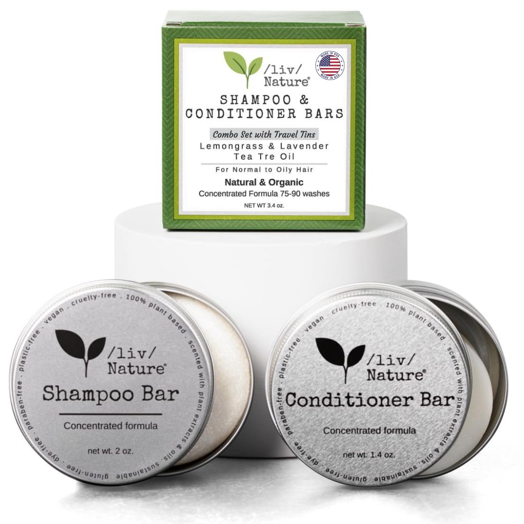 /liv/ Nature Shampoo Bar and Conditioner with Travel Tins | Lemongrass, Lavender, Tea Tree Oil | Clarifying & Growth | For Oily Hair | USA 2-pk Beauty & Personal Care /liv/ Nature