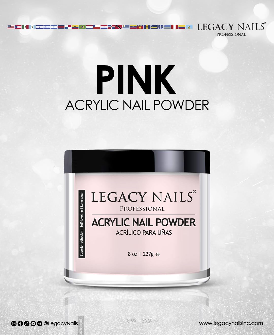 Legacy Nails Professional Pink Acrylic Powder, Net Wt. 8 oz. - French Manicures, Blending Cover Acrylics Nail Extension Colors, Natural Pink Finish