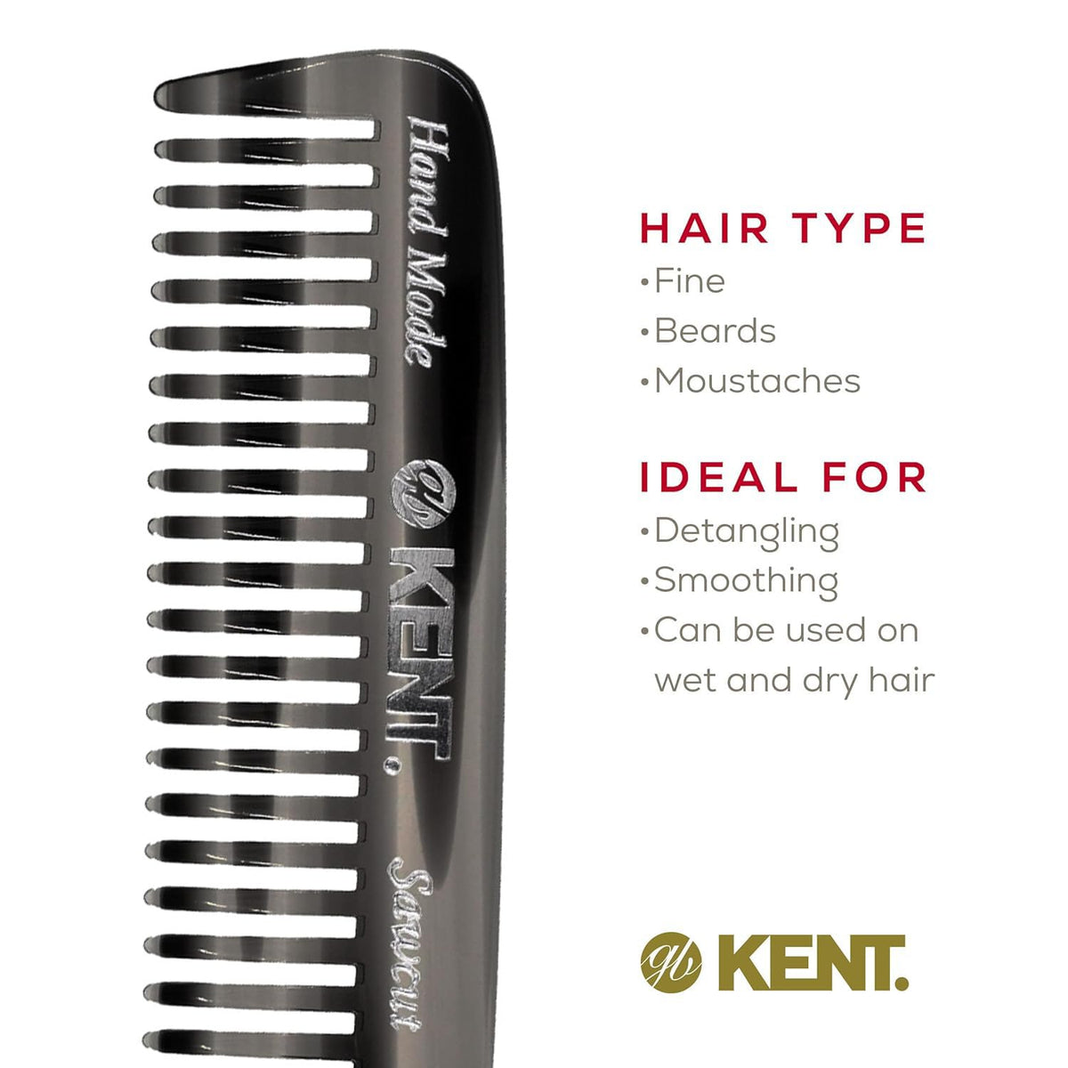 Kent 93T Black Graphite Beard Comb for Men - Wide Tooth Men's Comb, Ideal For Mustaches and Beards and Facial Hair, Small Pocket Sized Travel
