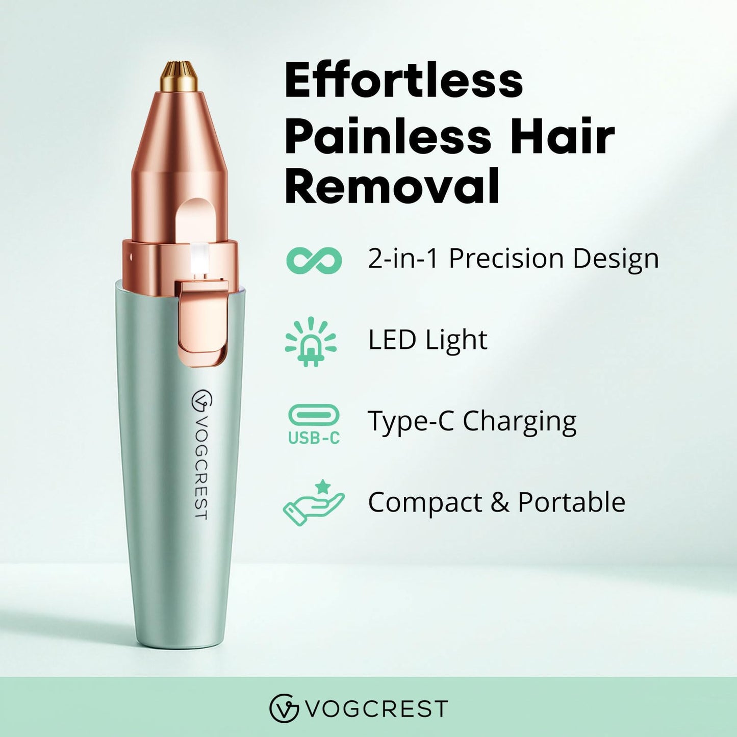 VG VOGCREST Eyebrow Facial Trimmer: 2 in1 Rechargeable Facial Hair Removal and Eyebrow Shaver - Face Lips Body Painless Facial Razor with Built-in LED Beauty and Personal Care VG VOGCREST