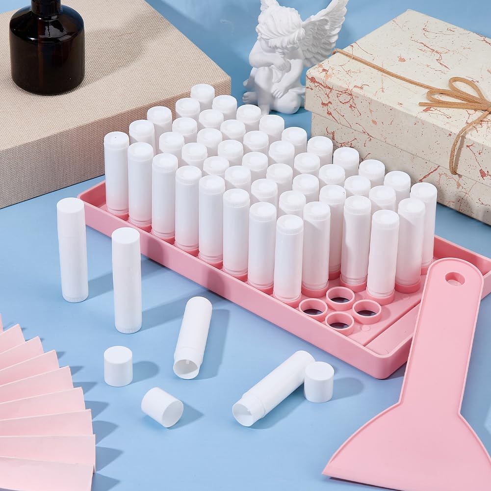 DICOSMETIC Lip Balm Tubes with Pink Filling Tray and Spatula Set Including 50Pcs 5G White Empty Lip Balm Containers with Caps for DIY Homemade Beauty and Personal Care DICOSMETIC