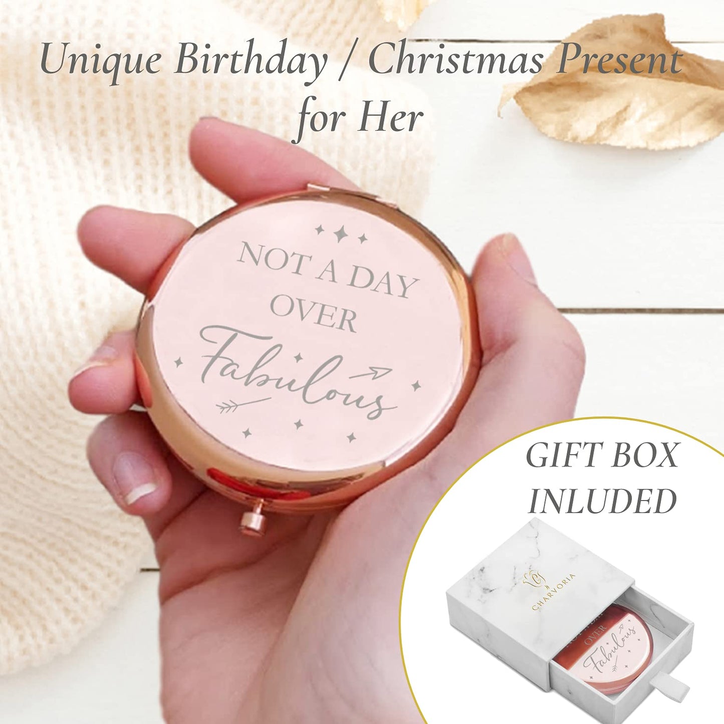 CV CHARVORIA Birthday Gifts for Women - Not a Day Over Fabulous Rose Gold Compact Mirror - Birthday Gift Ideas for Friend; Coworker, Aunt, Mom - All Beauty & Personal Care CV CHARVORIA
