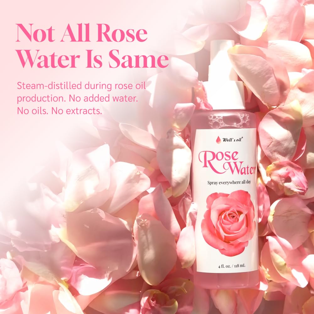 Well's Oil Rosewater Face & Hair Mist Spray (8 fl oz / 236 mL) | Floral Rosewater Hydrosol | Alcohol-Free Beauty & Personal Care Well's Oil