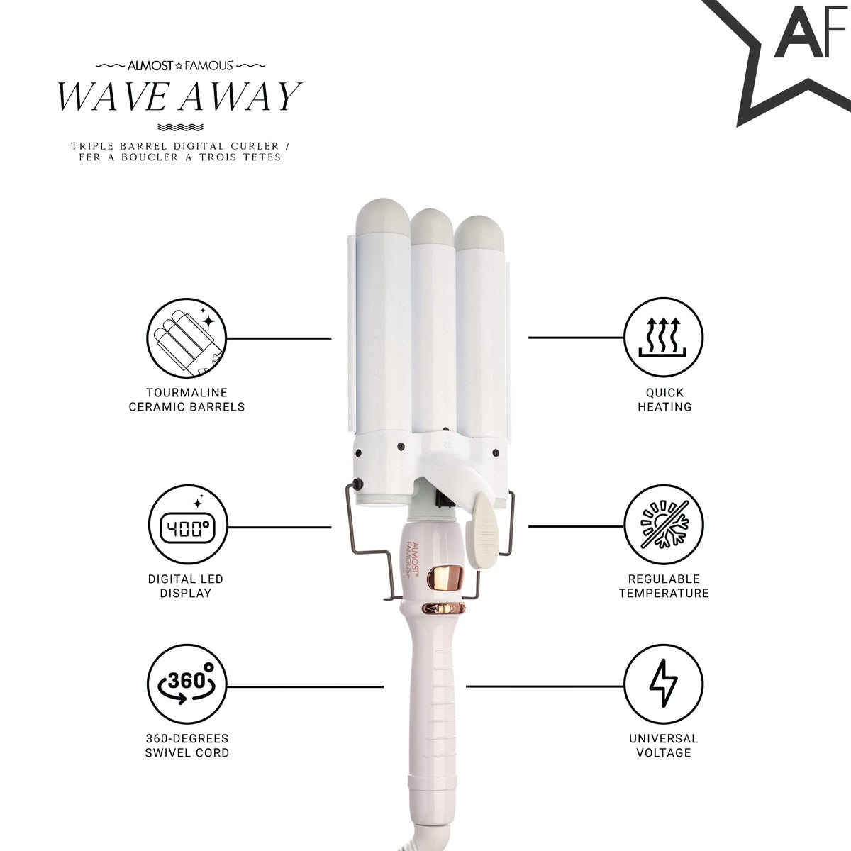 Almost Famous Wave Away Triple Barrel Clip Curling System, 3 Barrel Curling, Crimper with LCD Temp Display, Professional Beauty Tool, Temperature