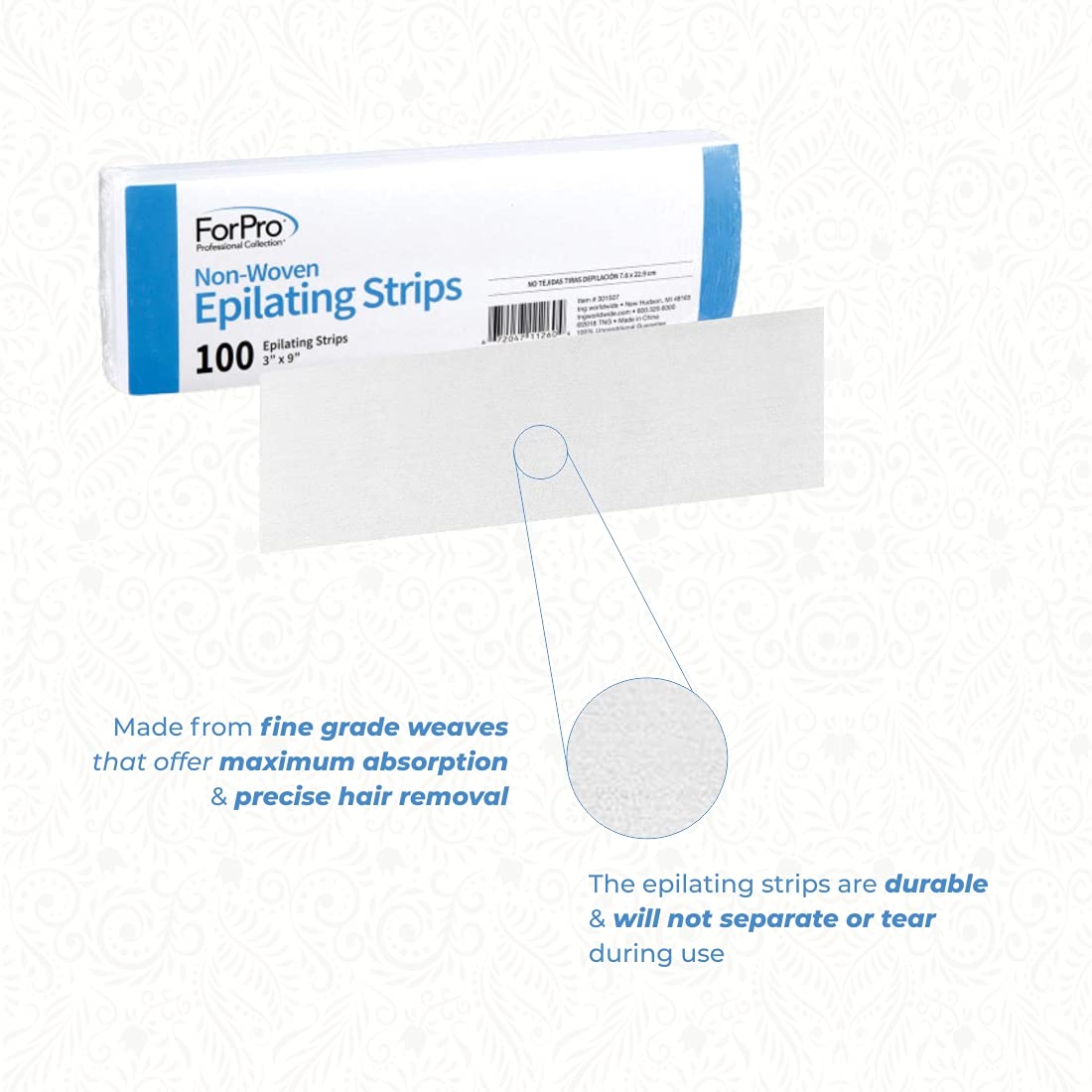 ForPro Professional Collection Non-Woven Epilating Strips, White, Tear-Resistant, Pre-Cut Strips for Hair Removal, 3” W x 9” L, 100-Count Beauty and Personal Care ForPro Professional Collection
